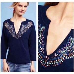 Anthropologie Moth Embellished Jewel Sweater Blue petite small